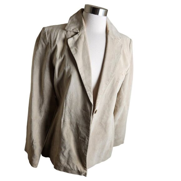 Siena Womens Blazer Size 10 Beige Collared 100% Leather Collared 2 Button Jacket - Picture 2 of 16